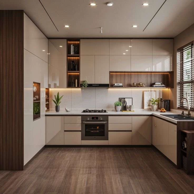 Contemporary kitchen with light cabinetry and dark wood accents