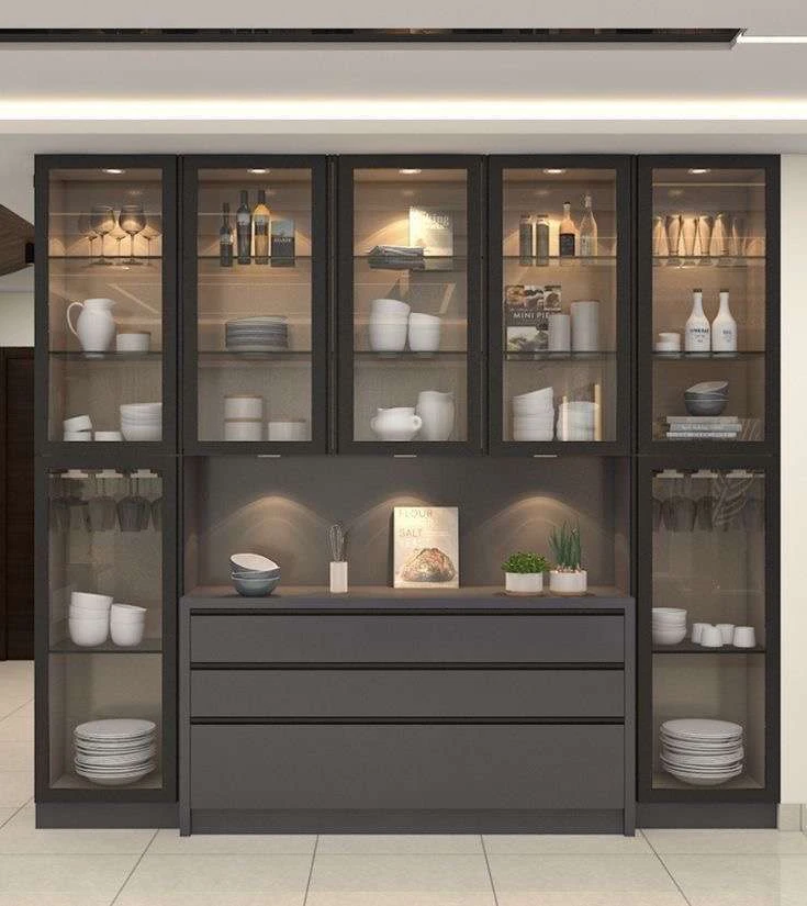 Glass-front crockery display cabinet with lower drawers