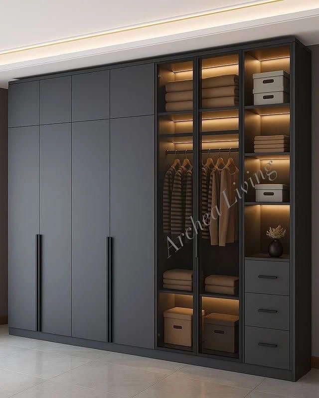 Charcoal wardrobe with an illuminated glass-front storage section